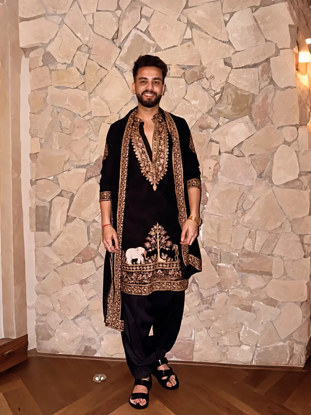 Elvish Black Kurta with Heavy Gold Embroidery & Dupatta for Men