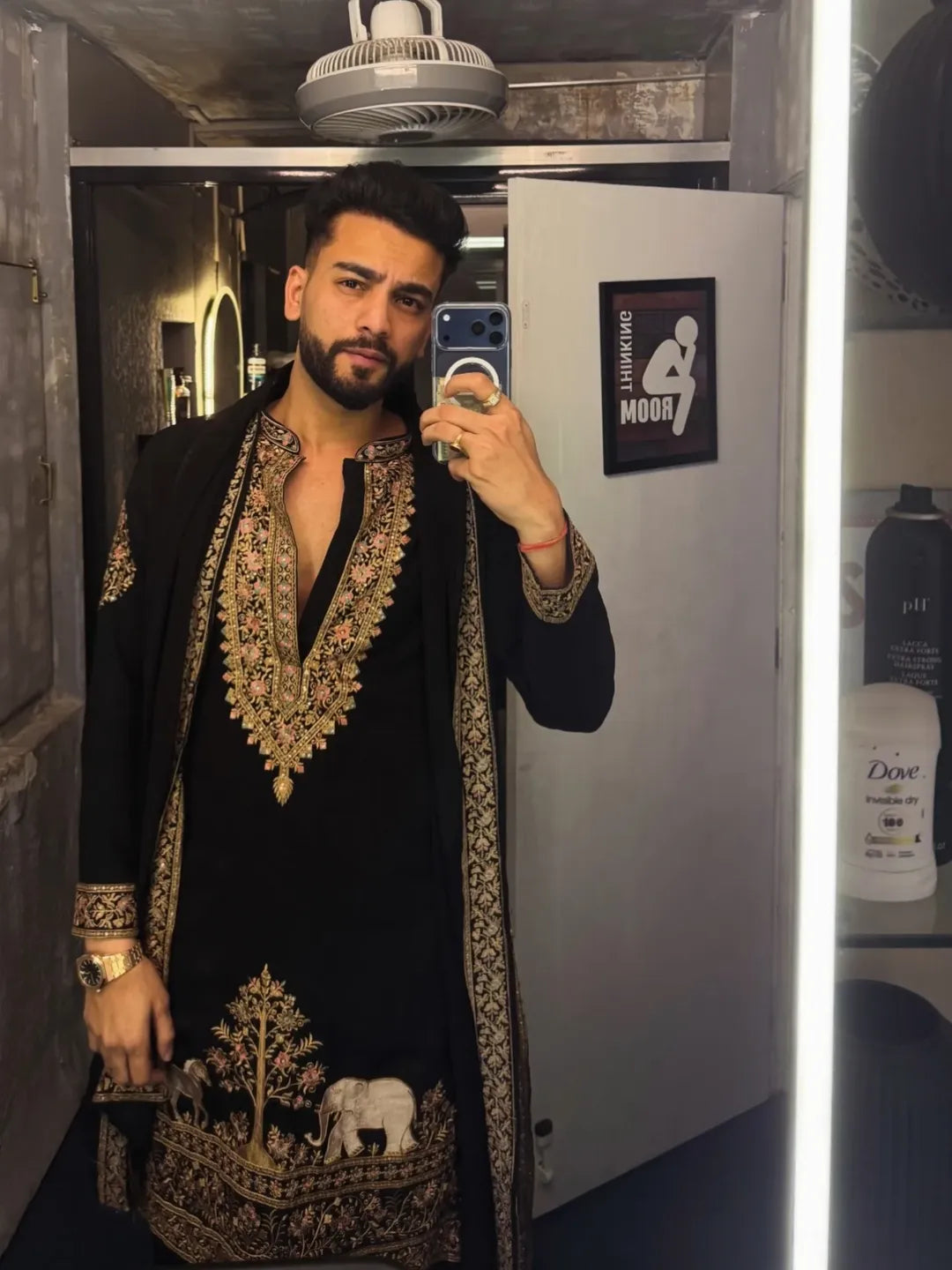 Elvish Black Kurta with Heavy Gold Embroidery & Dupatta for Men