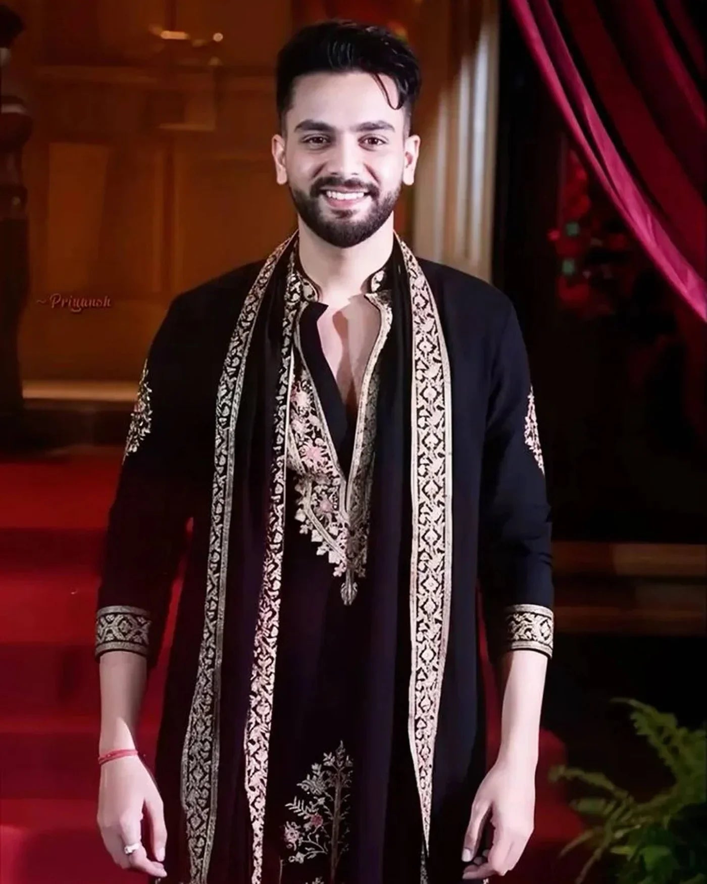 Elvish Black Kurta with Heavy Gold Embroidery & Dupatta for Men