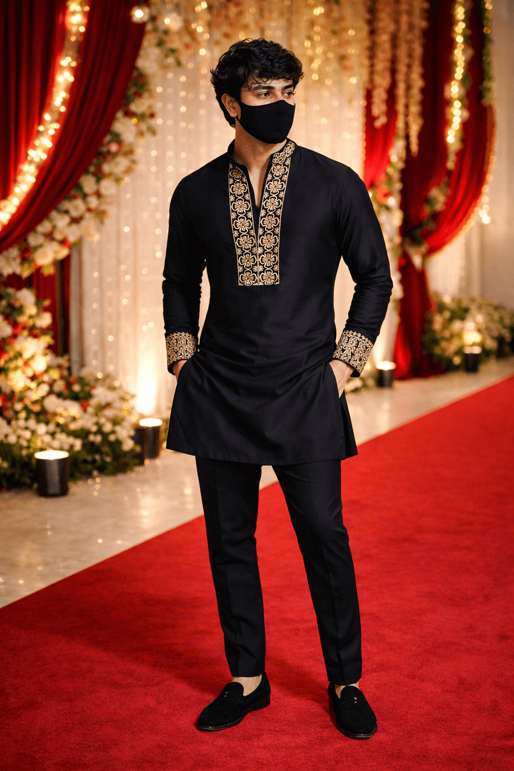 Luxury Black Kurta Pajama Set with Intricate Embroidery