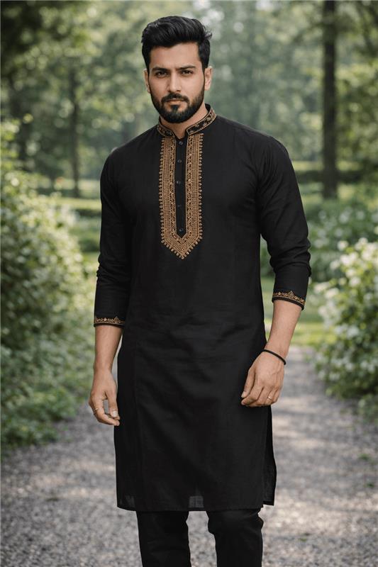 Premium Black Embroidered Kurta for Men with Elegant Golden Thread Work