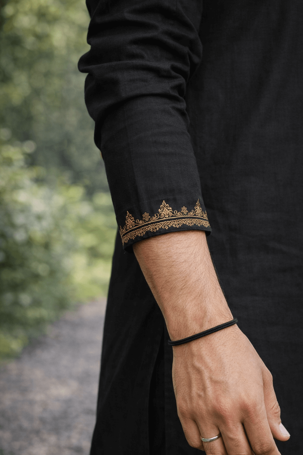 Premium Black Embroidered Kurta for Men with Elegant Golden Thread Work