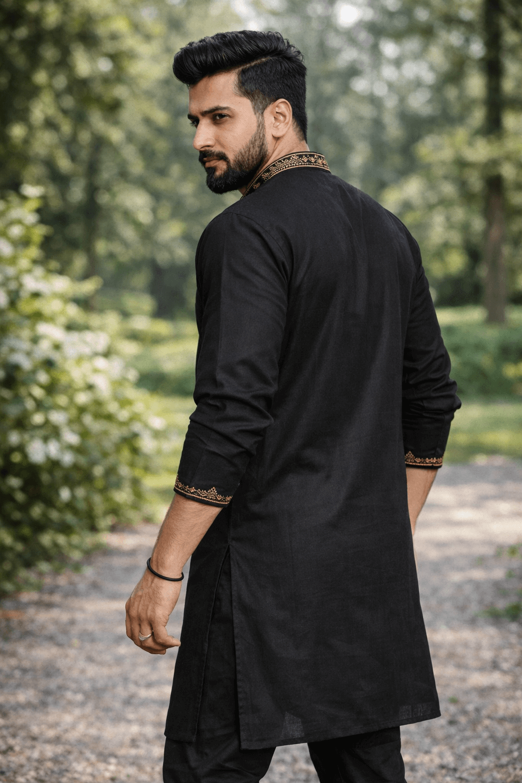Premium Black Embroidered Kurta for Men with Elegant Golden Thread Work