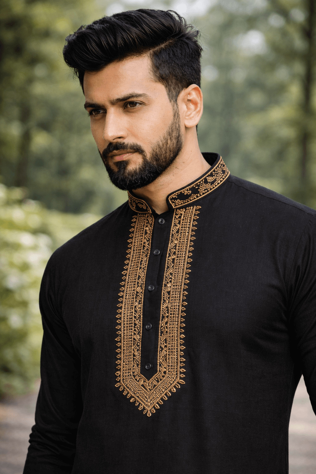 Premium Black Embroidered Kurta for Men with Elegant Golden Thread Work