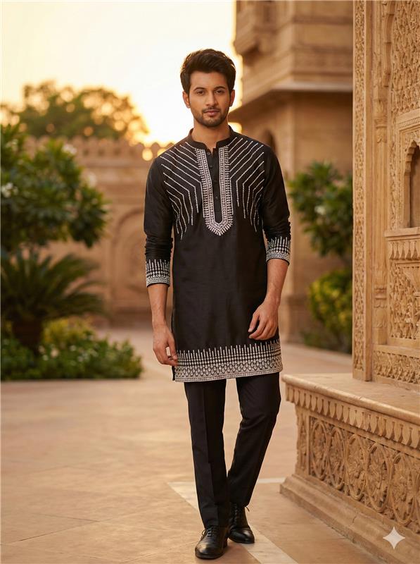 Stylish Black Geometric Embroidered Kurta Set for Men