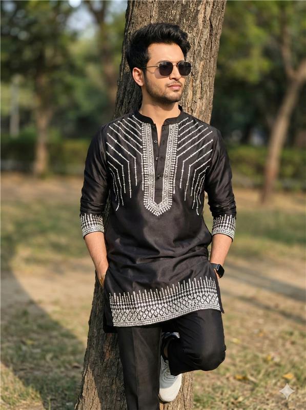 Stylish Black Geometric Embroidered Kurta Set for Men