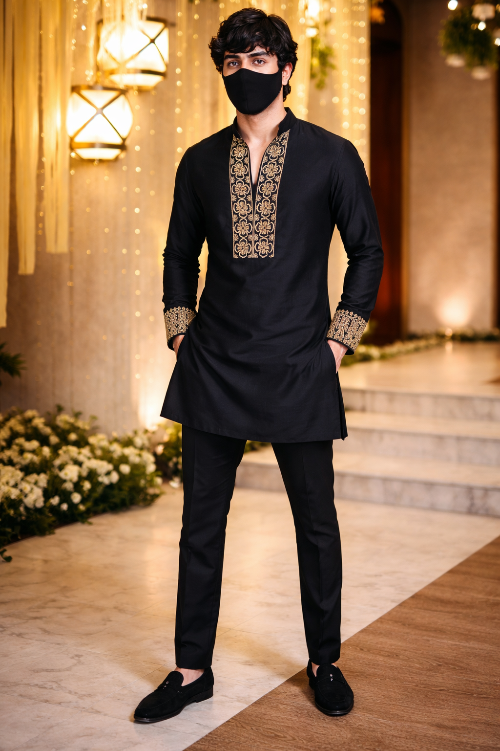 Luxury Black Kurta Pajama Set with Intricate Embroidery