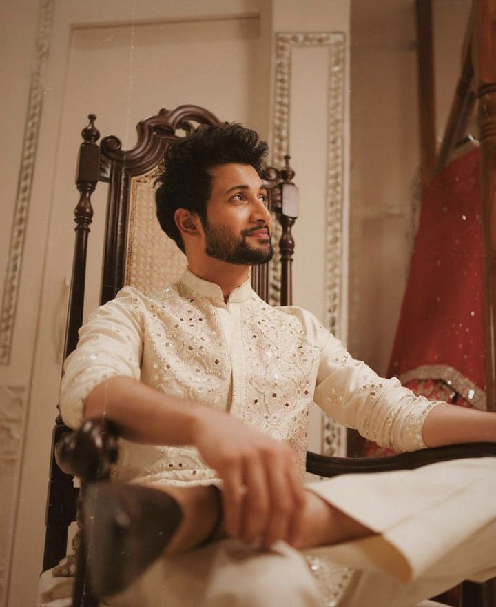 Premium Ivory Mirror Work Kurta Set for Men - Designer Festive & Wedding Wear