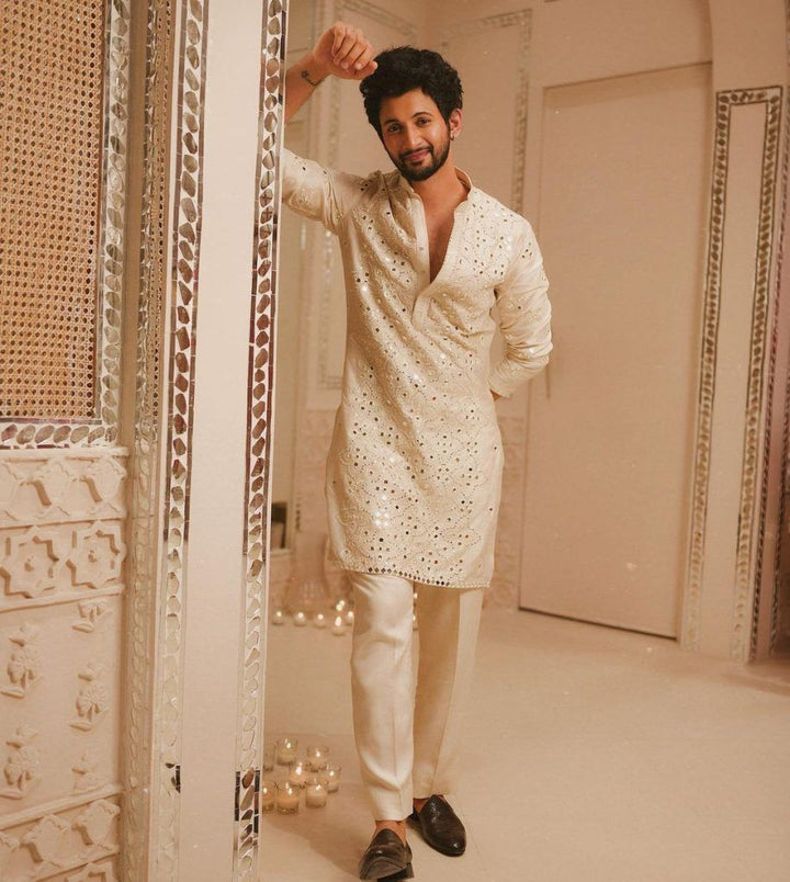 Premium Ivory Mirror Work Kurta Set for Men - Designer Festive & Wedding Wear