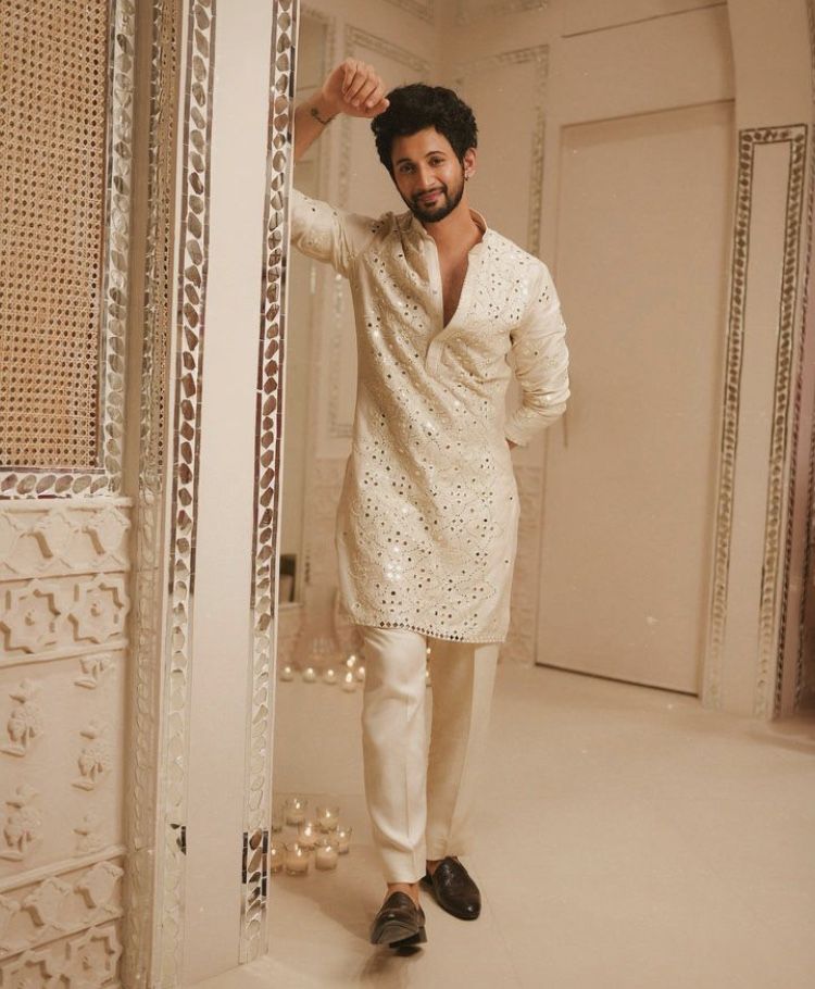 Premium Ivory Mirror Work Kurta Set for Men - Designer Festive & Wedding Wear