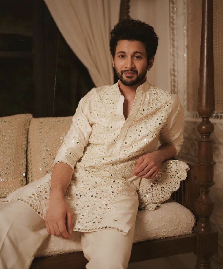 Premium Ivory Mirror Work Kurta Set for Men - Designer Festive & Wedding Wear
