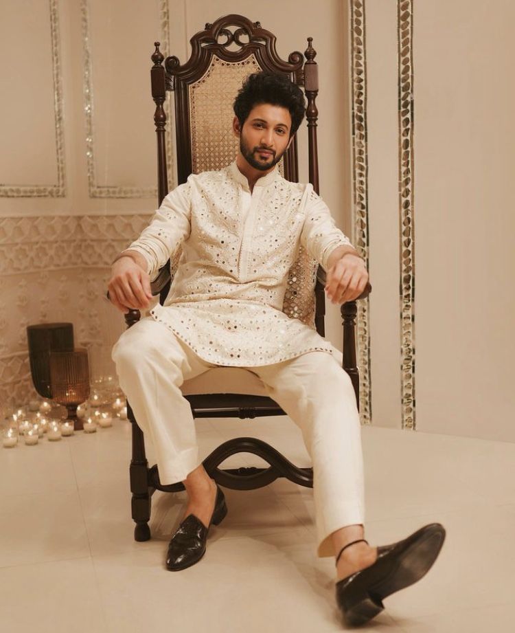 Premium Ivory Mirror Work Kurta Set for Men - Designer Festive & Wedding Wear