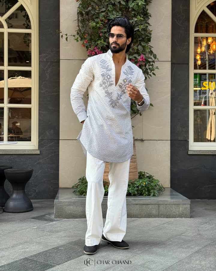 Designer Grey Embroidered Kurta Set for Men - Premium Ethnic & Festive Wear