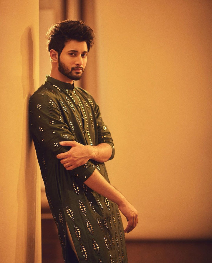 Royal Black Mirror Work Embroidered Kurta for Men