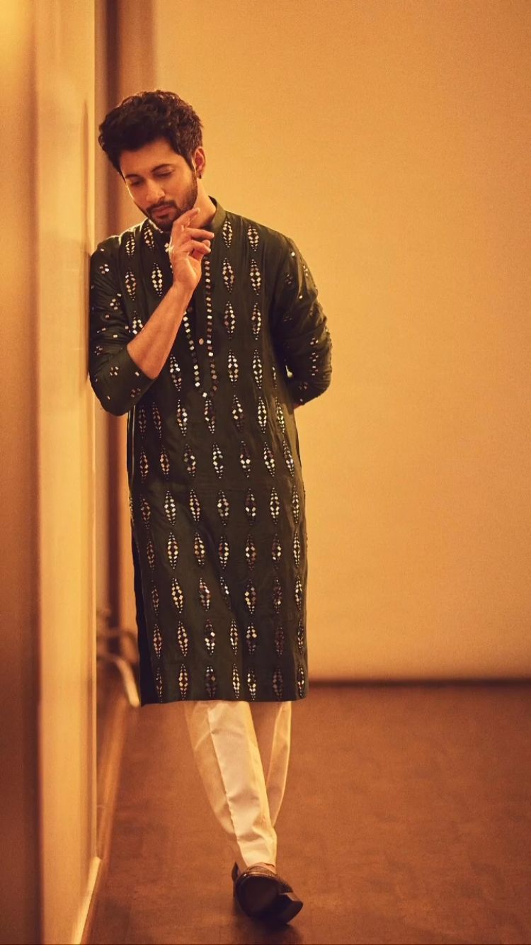 Royal Black Mirror Work Embroidered Kurta for Men