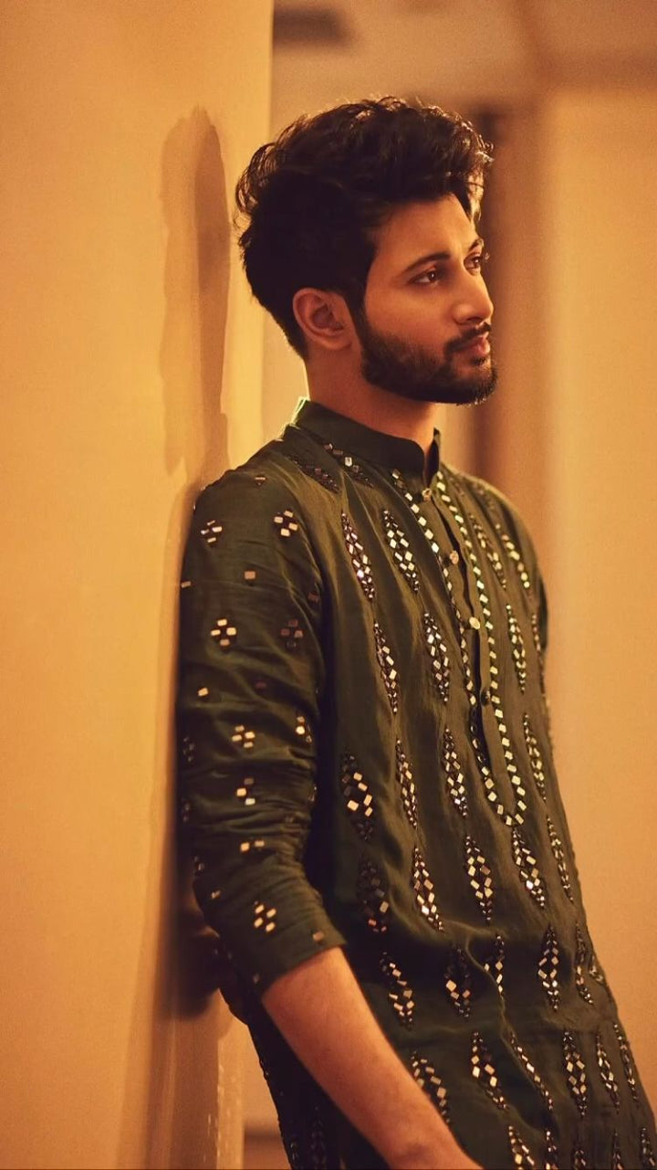 Royal Black Mirror Work Embroidered Kurta for Men