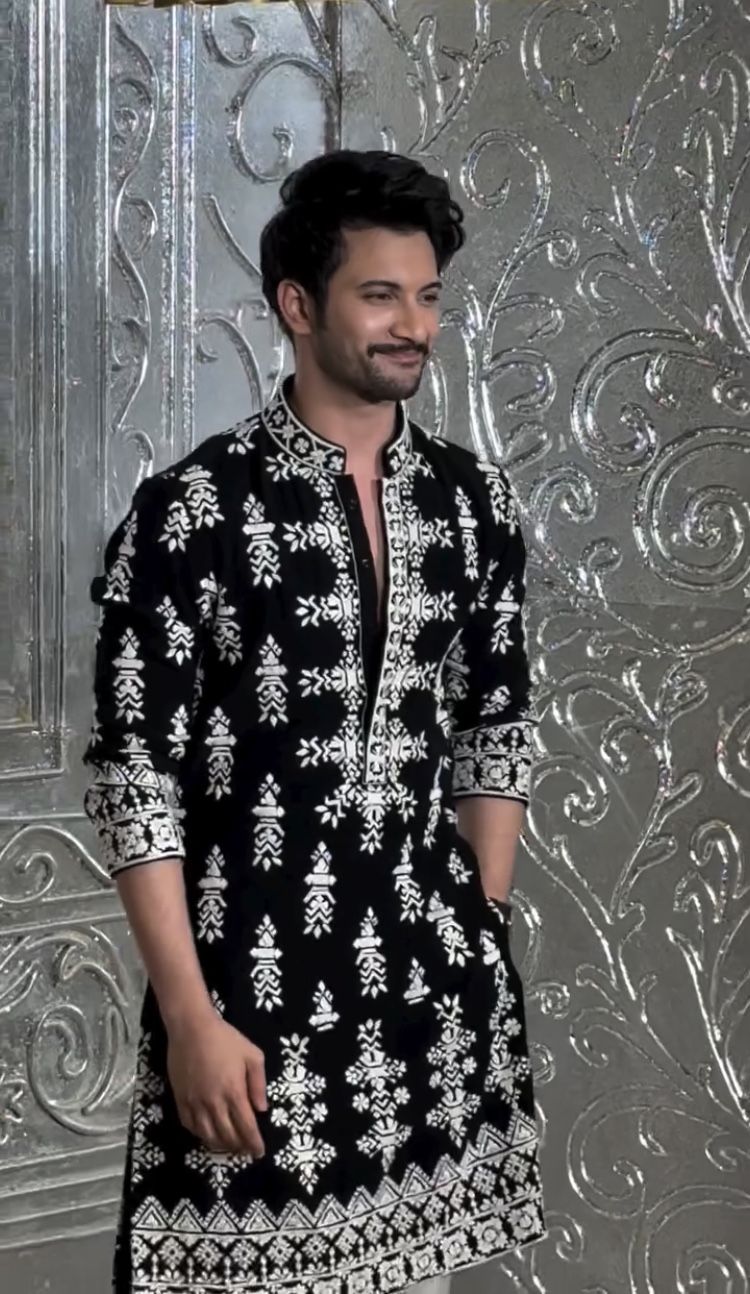 Men’s Black Velvet Embroidered Kurta Set with Cream Trousers