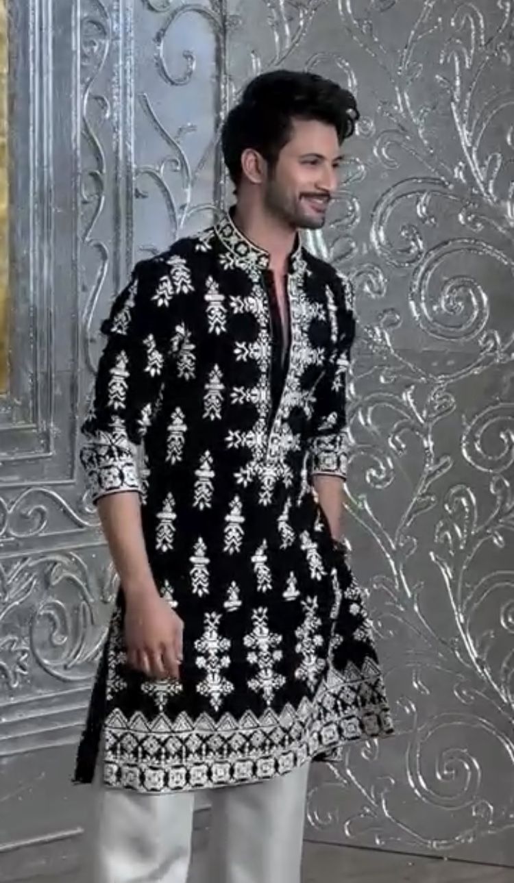 Men’s Black Velvet Embroidered Kurta Set with Cream Trousers