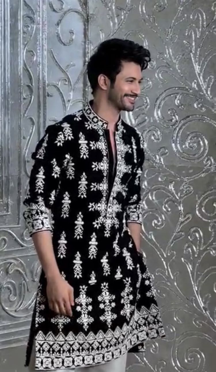 Men’s Black Velvet Embroidered Kurta Set with Cream Trousers