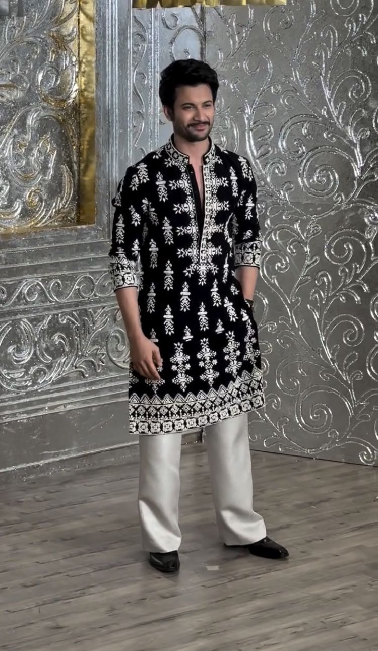 Men’s Black Velvet Embroidered Kurta Set with Cream Trousers