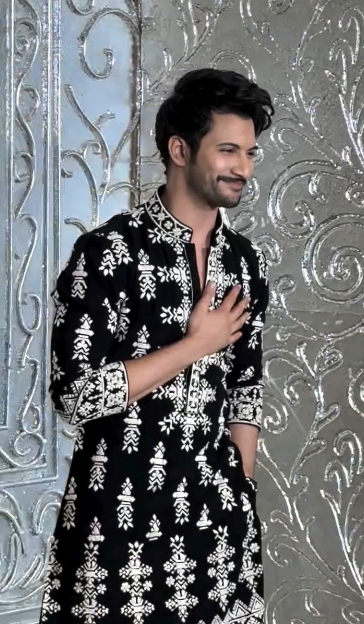 Men’s Black Velvet Embroidered Kurta Set with Cream Trousers
