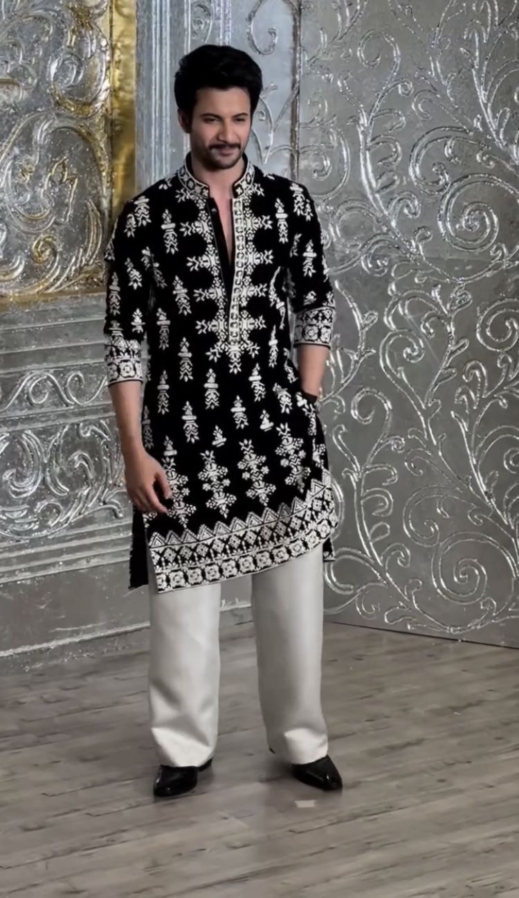 Men’s Black Velvet Embroidered Kurta Set with Cream Trousers