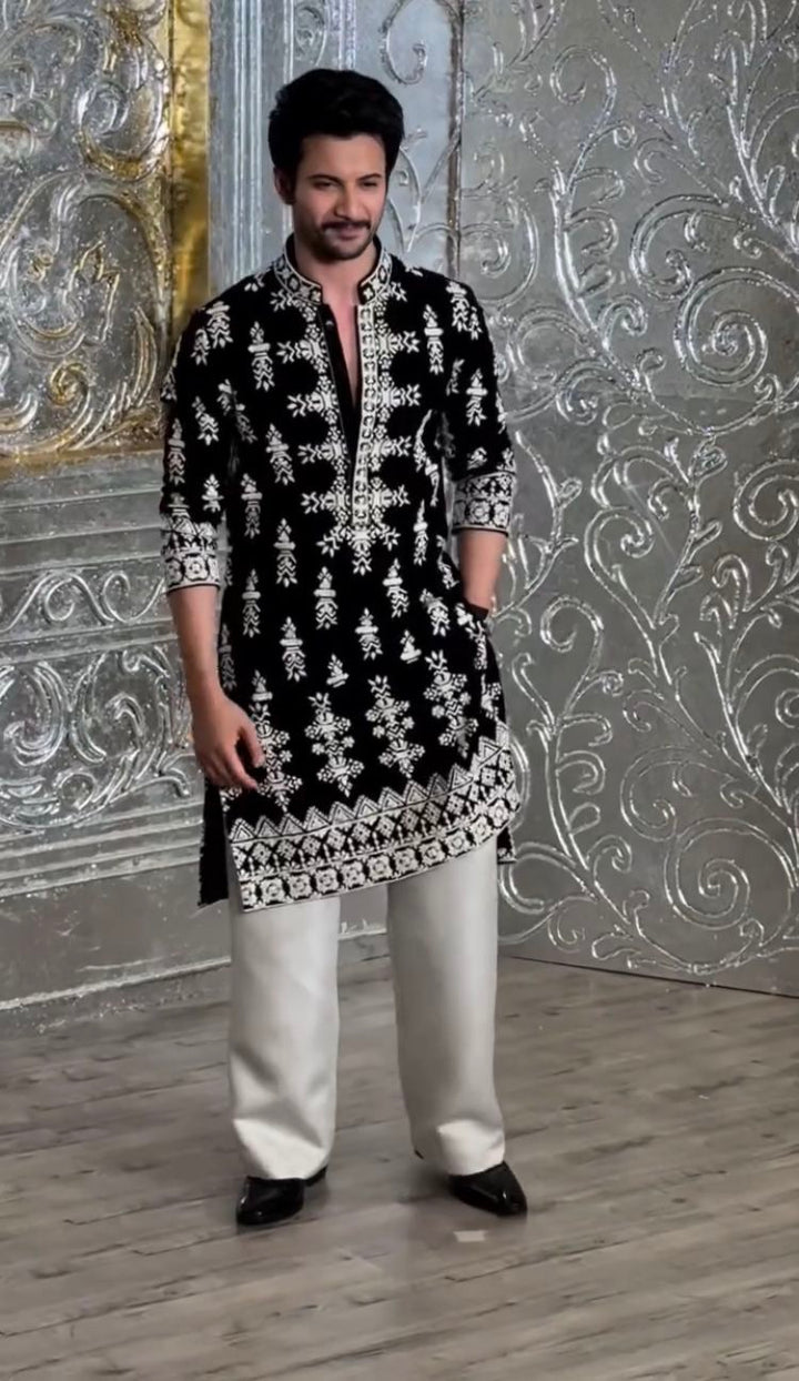 Men’s Black Velvet Embroidered Kurta Set with Cream Trousers
