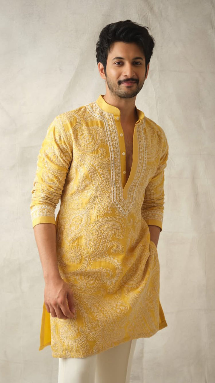 Men’s Mustard Yellow Chikankari Embroidered Cotton Kurta | Long Sleeve Mandarin Collar