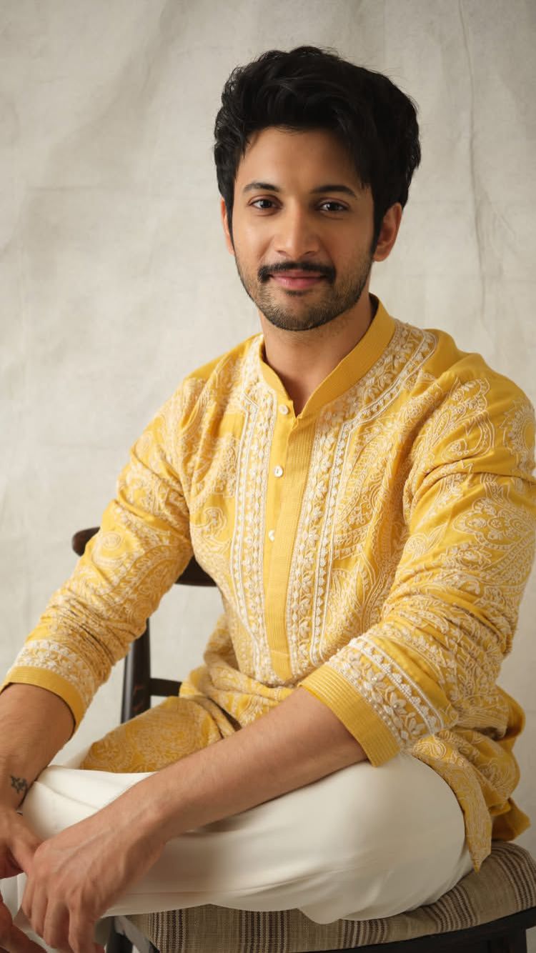 Men’s Mustard Yellow Chikankari Embroidered Cotton Kurta | Long Sleeve Mandarin Collar