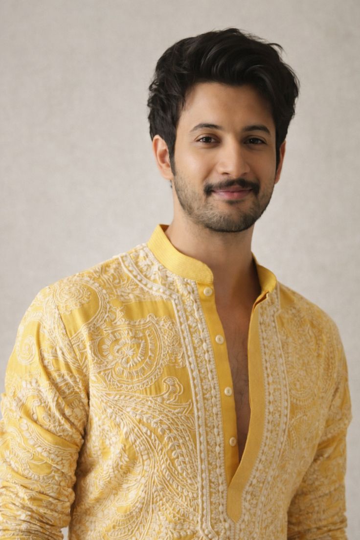 Men’s Mustard Yellow Chikankari Embroidered Cotton Kurta | Long Sleeve Mandarin Collar