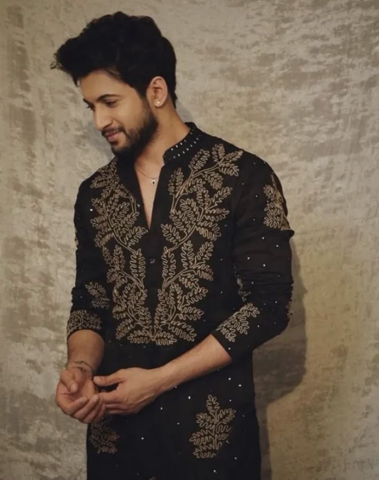 Men’s Black Kurta with Gold Floral Embroidery & Embellished Detail - Festive Wear