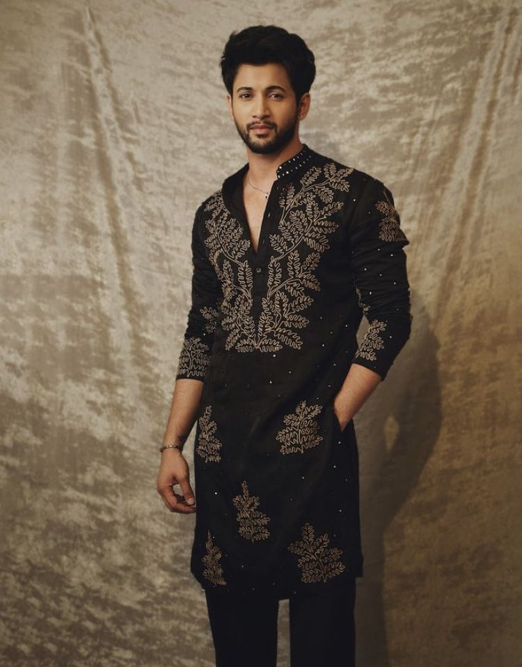 Men’s Black Kurta with Gold Floral Embroidery & Embellished Detail - Festive Wear