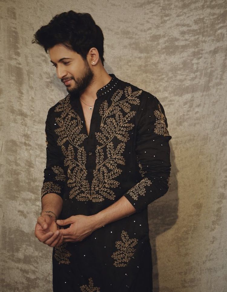 Men’s Black Kurta with Gold Floral Embroidery & Embellished Detail - Festive Wear
