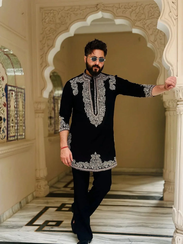 Royal Black Embroidered Kurta for Men - Premium Ethnic Wedding & Festive Wear